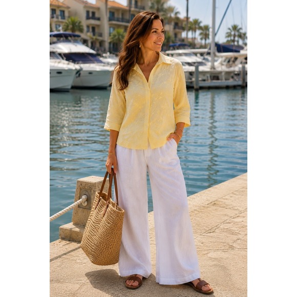 croft & barrow Tops - Womans Button Up Shirt Sz Large Linen Blend 3/4 sleeve Embroidered Butter Yellow